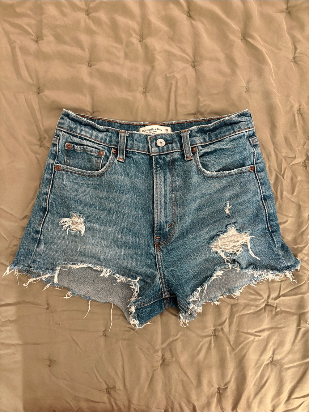 Abercrombie & Fitch High Rise Mom Shorts- Medium Wash Distressed